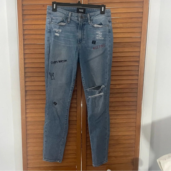 Paige Hoxton Ankle Caprice Embroidery Vintage 90s Punk Blue Ripped Jeans Sz 29 - Picture 2 of 9